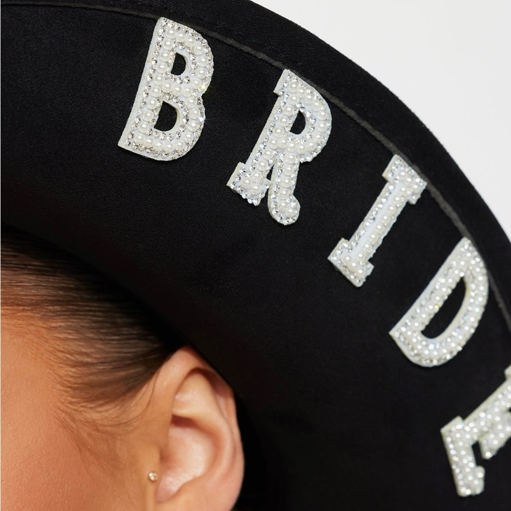 Black Faux Suede White Bling Beaded Rhinestone Bride Statement Cowgirl Hat - Picture 4 of 6